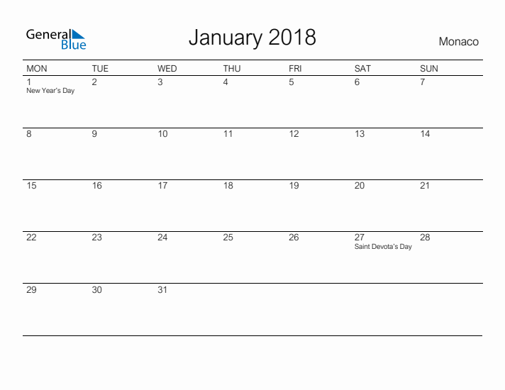 Printable January 2018 Calendar for Monaco