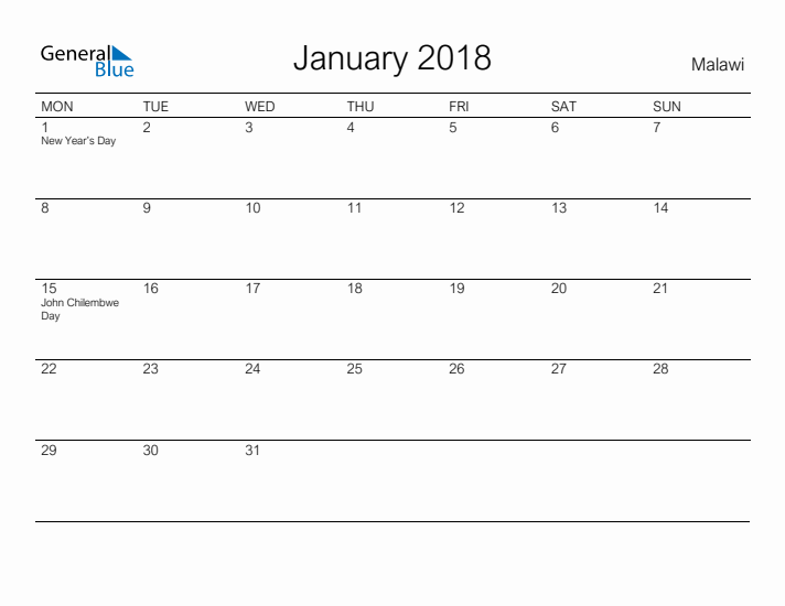 Printable January 2018 Calendar for Malawi