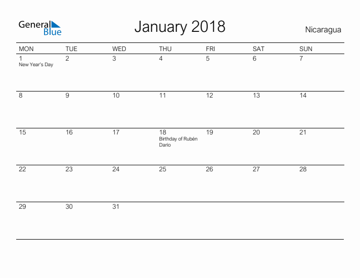 Printable January 2018 Calendar for Nicaragua