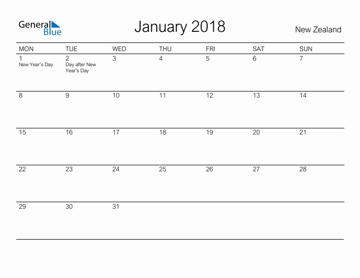 Printable January 2018 Calendar for New Zealand