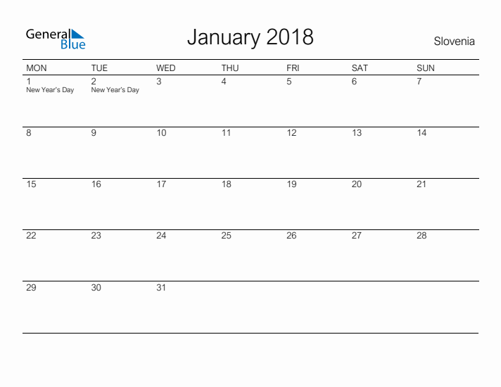 Printable January 2018 Calendar for Slovenia