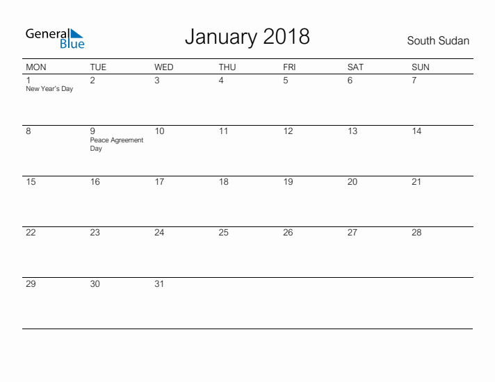 Printable January 2018 Calendar for South Sudan