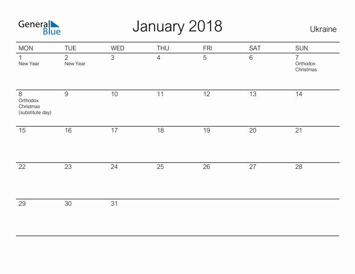 Printable January 2018 Calendar for Ukraine