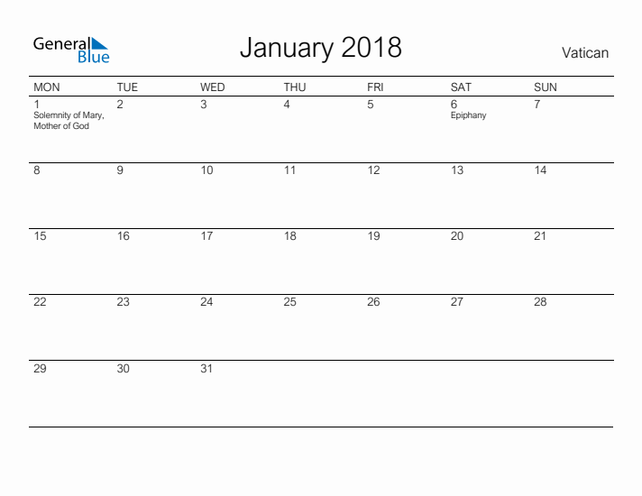 Printable January 2018 Calendar for Vatican