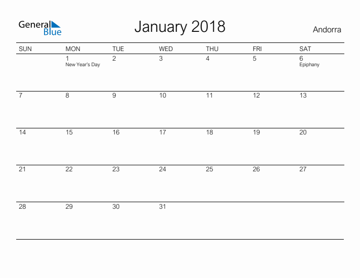 Printable January 2018 Calendar for Andorra