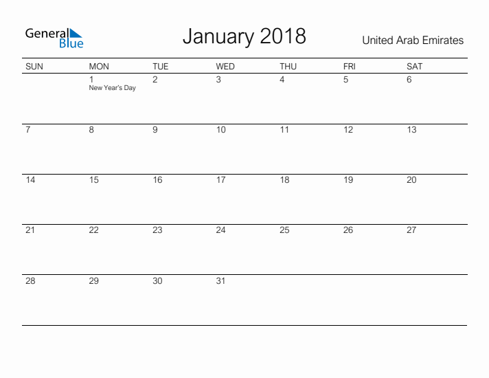 Printable January 2018 Calendar for United Arab Emirates