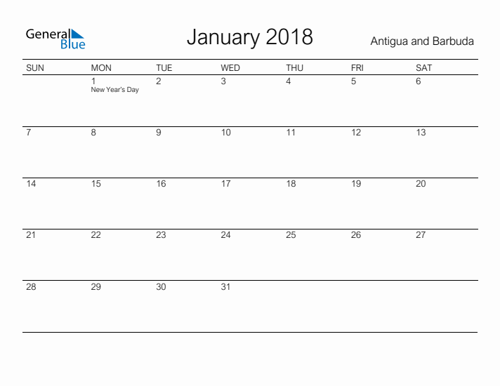 Printable January 2018 Calendar for Antigua and Barbuda