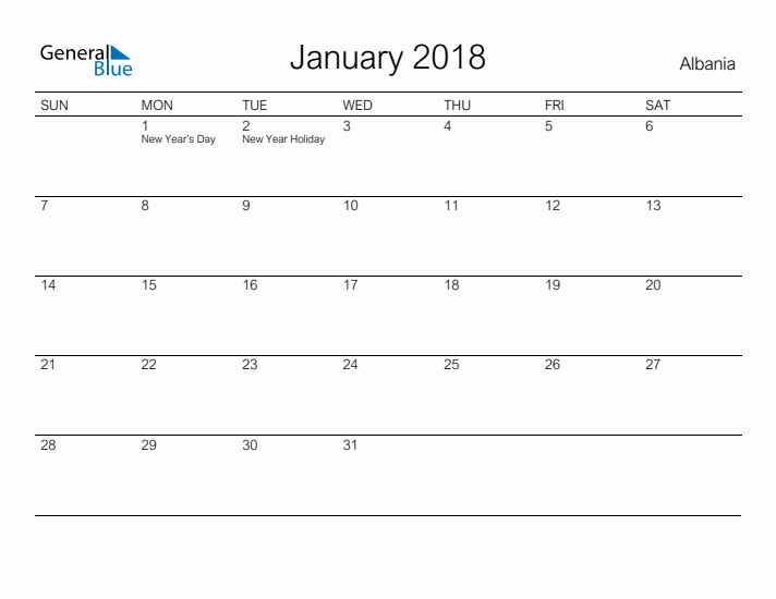 Printable January 2018 Calendar for Albania