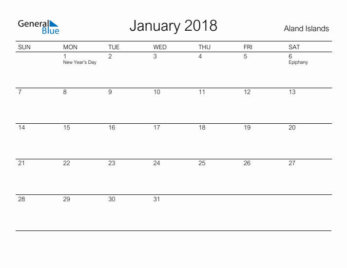 Printable January 2018 Calendar for Aland Islands