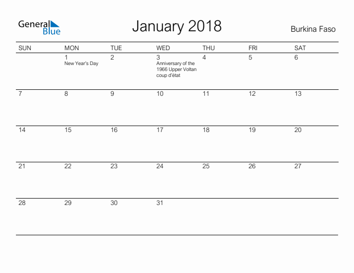 Printable January 2018 Calendar for Burkina Faso