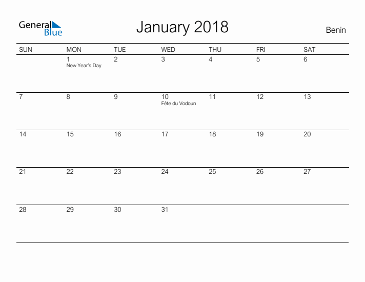 Printable January 2018 Calendar for Benin