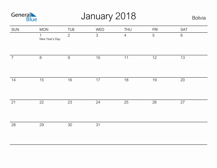 Printable January 2018 Calendar for Bolivia