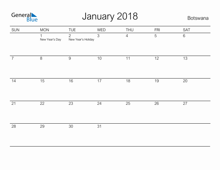 Printable January 2018 Calendar for Botswana