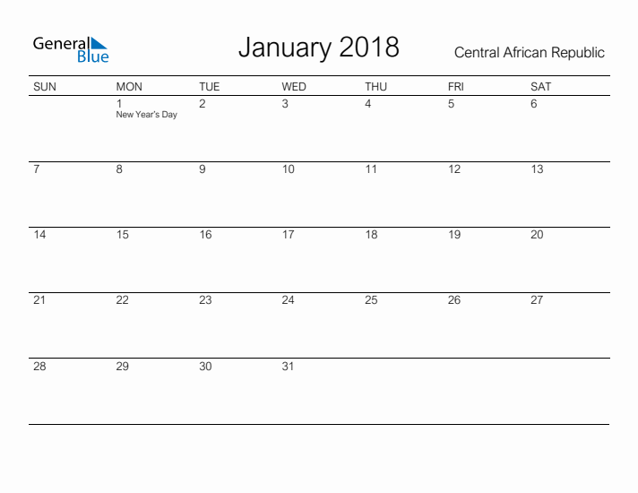 Printable January 2018 Calendar for Central African Republic