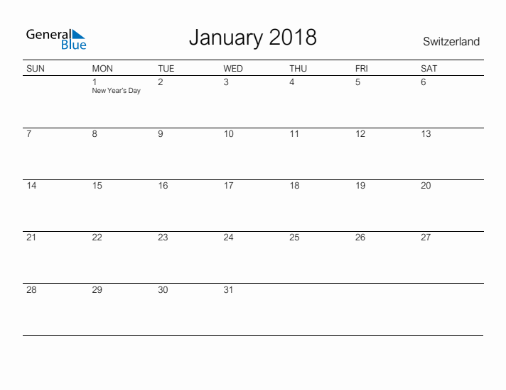 Printable January 2018 Calendar for Switzerland