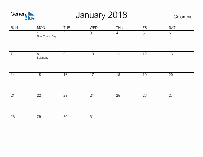 Printable January 2018 Calendar for Colombia