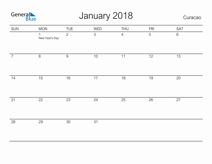 Printable January 2018 Calendar for Curacao