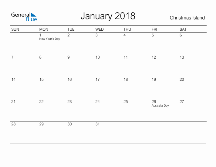 Printable January 2018 Calendar for Christmas Island