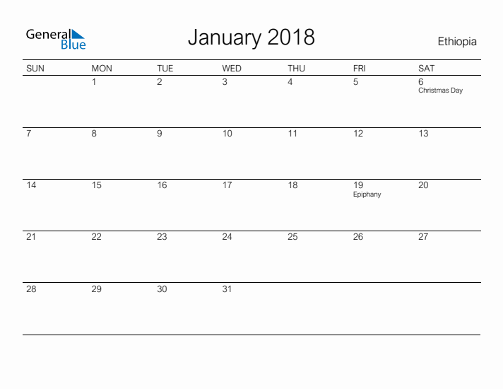 Printable January 2018 Calendar for Ethiopia