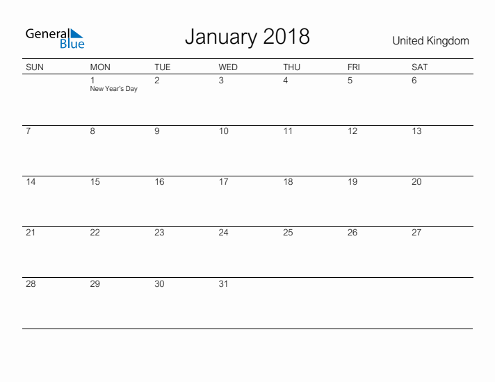 Printable January 2018 Calendar for United Kingdom