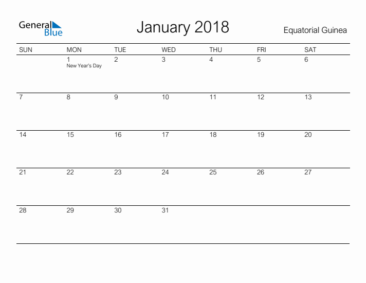 Printable January 2018 Calendar for Equatorial Guinea