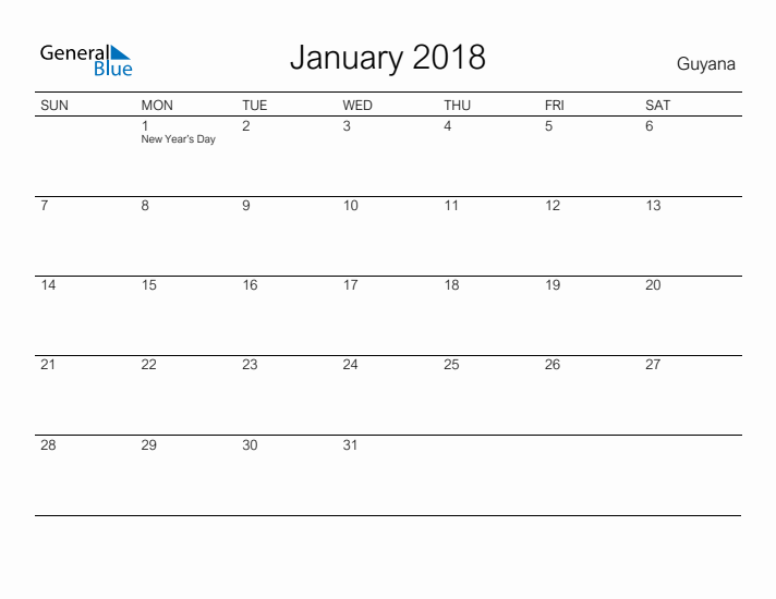 Printable January 2018 Calendar for Guyana