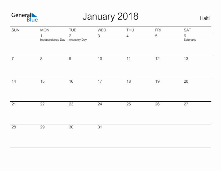 Printable January 2018 Calendar for Haiti