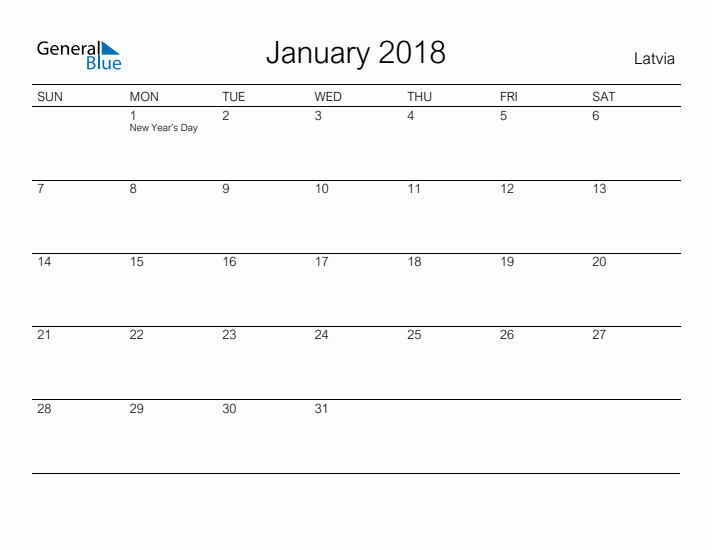 Printable January 2018 Calendar for Latvia