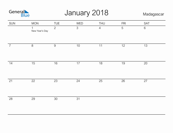 Printable January 2018 Calendar for Madagascar