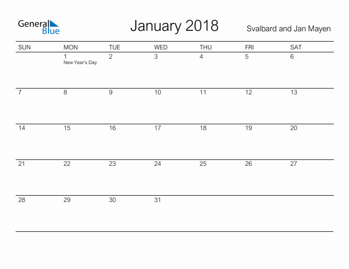 Printable January 2018 Calendar for Svalbard and Jan Mayen