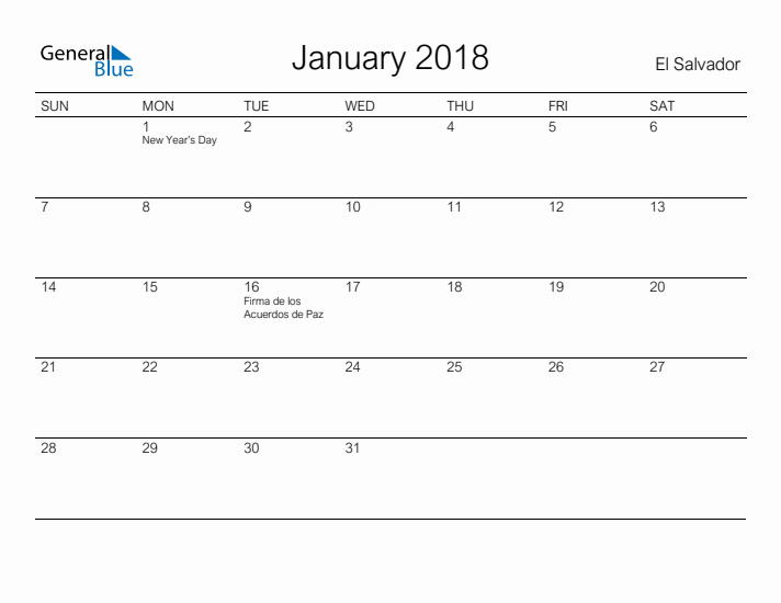 Printable January 2018 Calendar for El Salvador