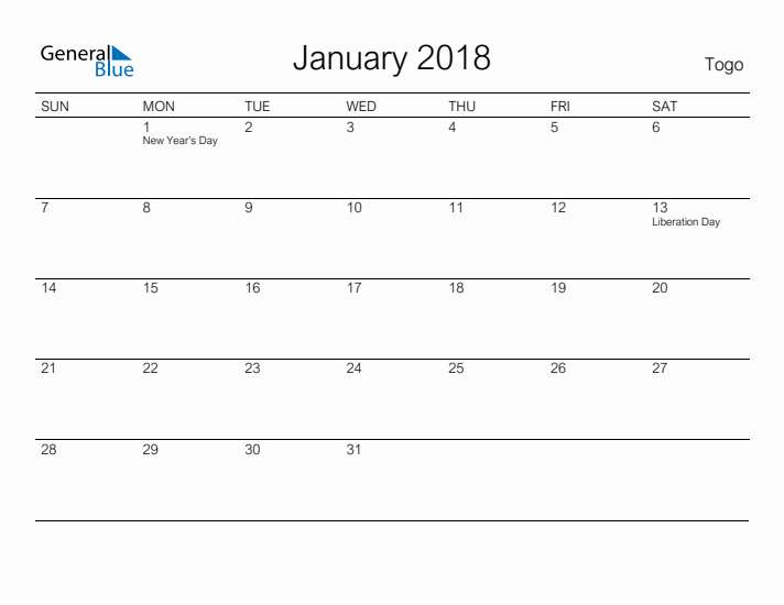 Printable January 2018 Calendar for Togo