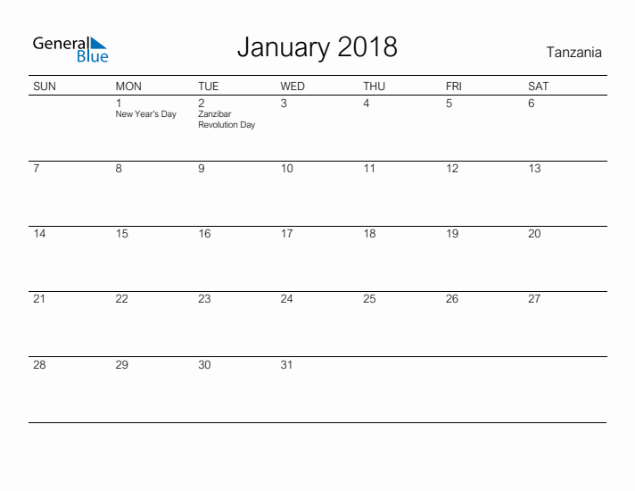 Printable January 2018 Calendar for Tanzania