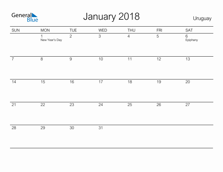 Printable January 2018 Calendar for Uruguay