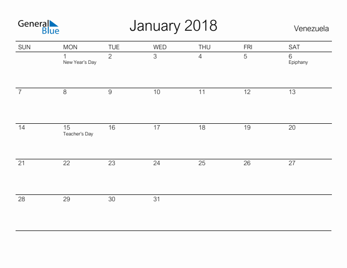 Printable January 2018 Calendar for Venezuela