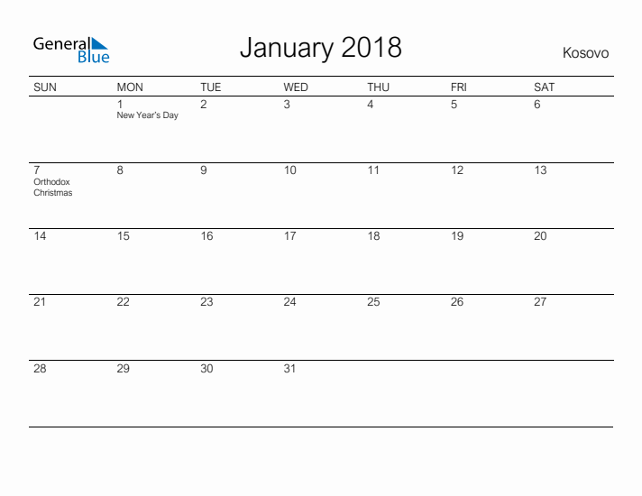 Printable January 2018 Calendar for Kosovo