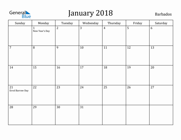 January 2018 Calendar Barbados