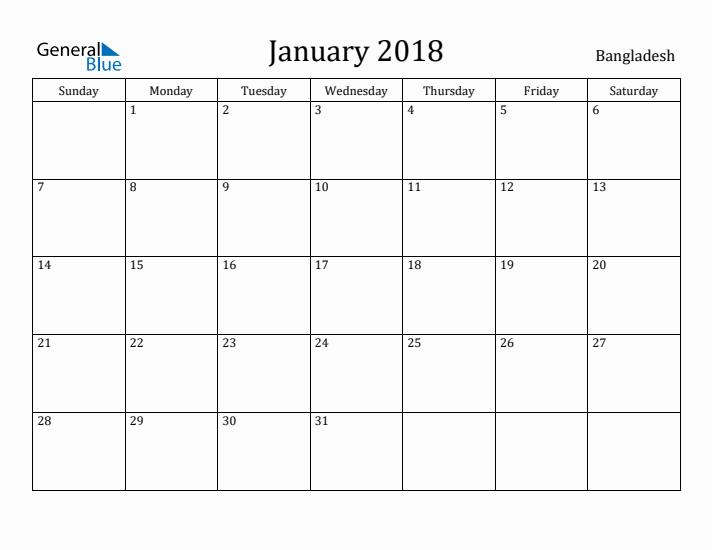 January 2018 Calendar Bangladesh