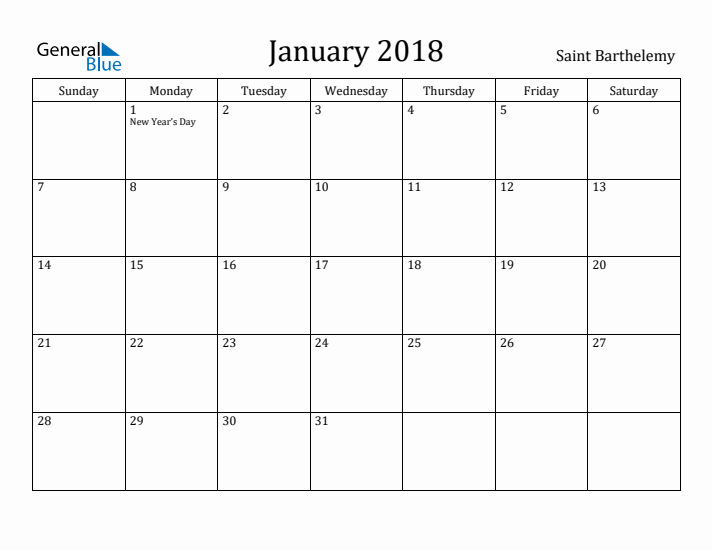 January 2018 Calendar Saint Barthelemy