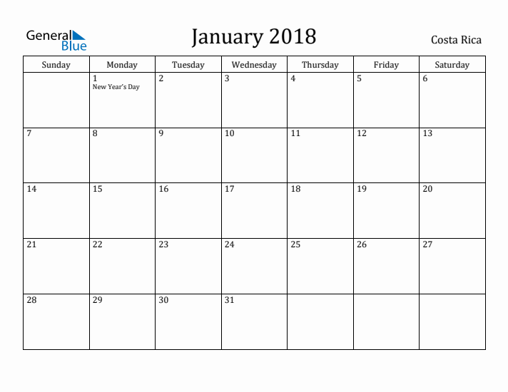 January 2018 Calendar Costa Rica