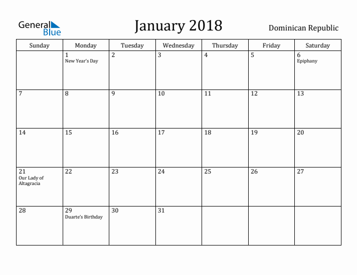 January 2018 Calendar Dominican Republic