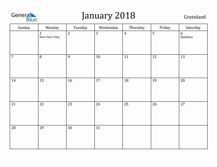 January 2018 Calendar Greenland