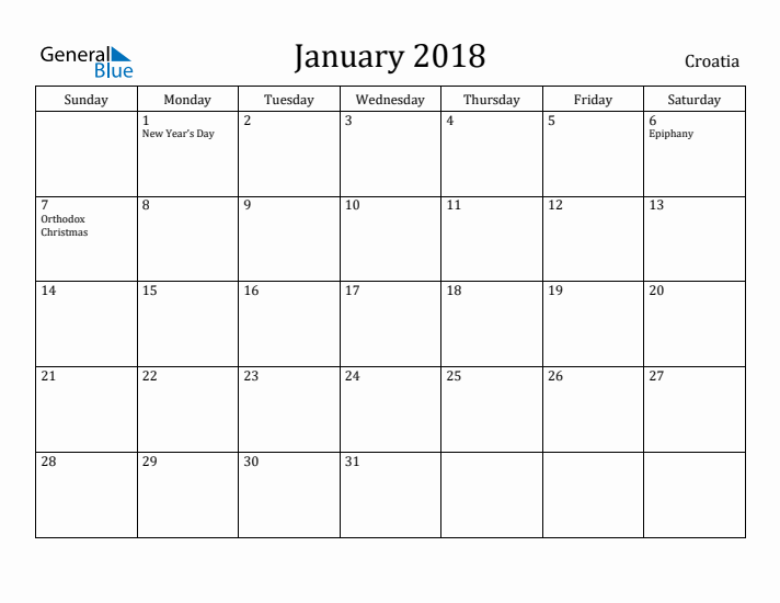 January 2018 Calendar Croatia