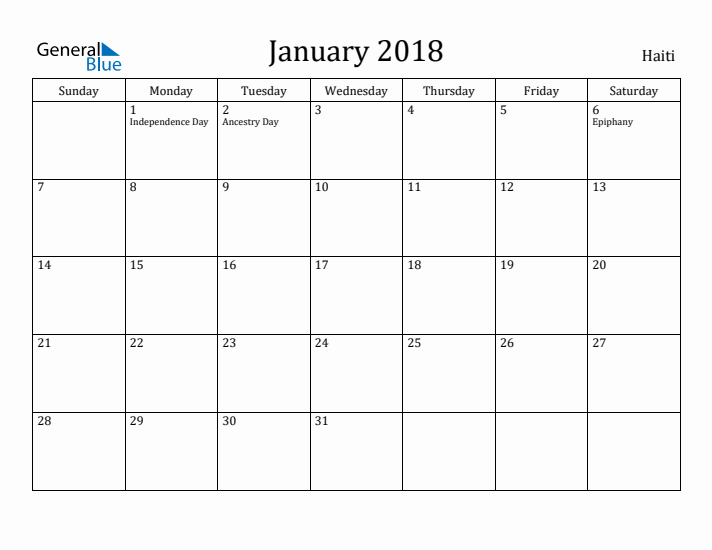 January 2018 Calendar Haiti