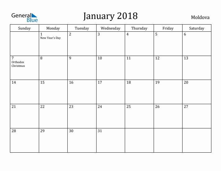 January 2018 Calendar Moldova