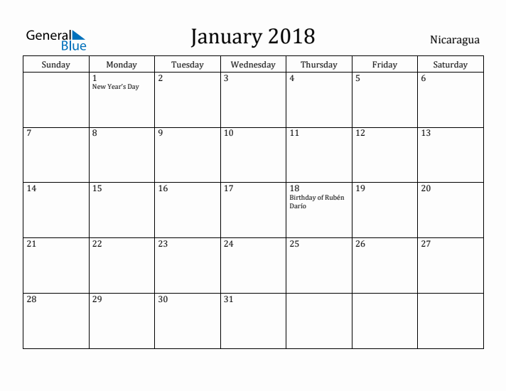 January 2018 Calendar Nicaragua