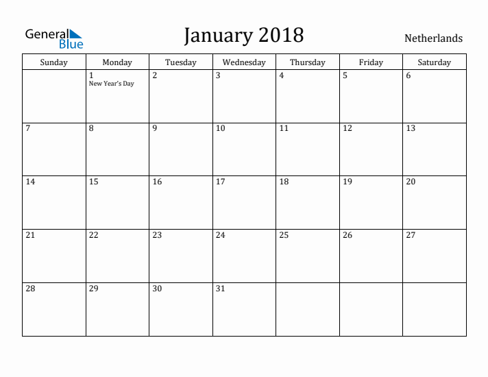 January 2018 Calendar The Netherlands