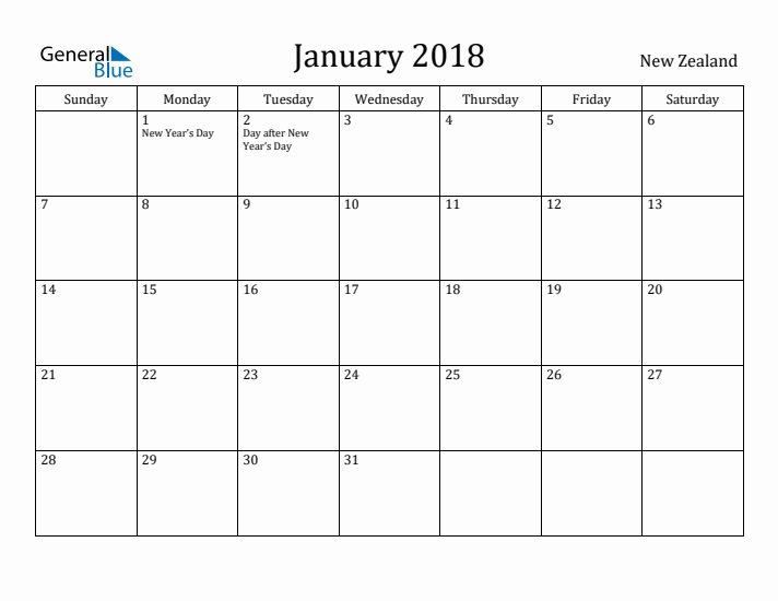 January 2018 Calendar New Zealand