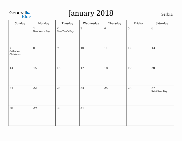 January 2018 Calendar Serbia