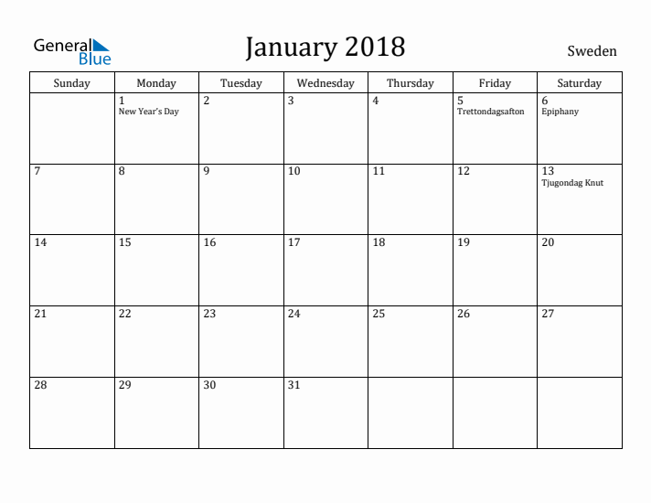 January 2018 Calendar Sweden